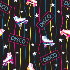 Seamless vector pattern with roller skates and stars on black background. Retro wallpaper design with neon colours. Fun lifestyle sport vintage fashion.