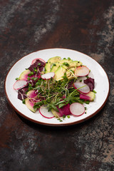 fresh radish salad with greens and avocado on plate on weathered surface