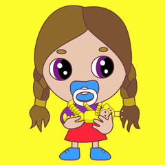 Emoticon with a baby girl who sucks a pacifier and holds in his hands a toy, color vector emoji on a blue isolated background