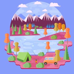 Obraz premium Cartoon vector flat illustration: summer camping, camp in a forest of tents, green trees, Christmas trees in a Park in the mountains, a campfire on a hike, a river with fish, arrived by minibus.