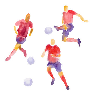 Hand drawn watercolor illustration. Sportsman's football player. Watercolor sketch of people