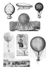 Antique air balloon collage / Antique engraved illustration from Brockhaus Konversations - Lexikon 1908