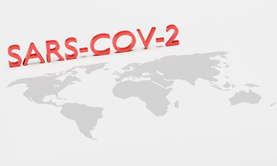 Red text "SARS-COV-2" placed above world map. Concept art of pandemic situation of coronavirus (2019-nvoc, COVID-19, SARS-COV-2). Usable as epidemic concept template or infographic. 3D render.