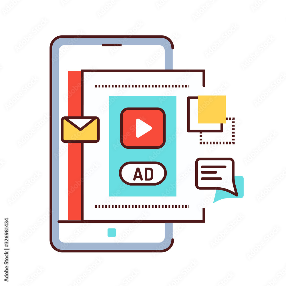 Poster blog advertising color line icon. ontent promotion in smartphone. pictogram for web page, mobile app