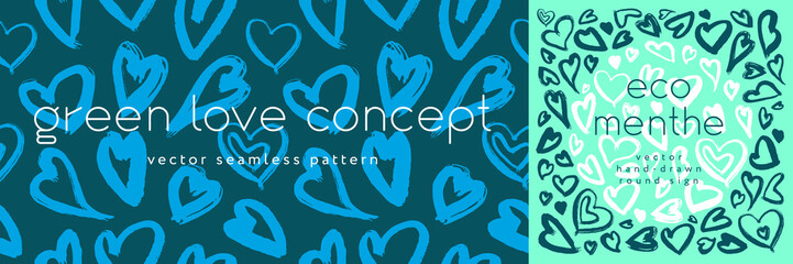 Green fashion pattern, eco fashion concept for green love banner template. Vector drawings of heart. Eco friendly seamless background. Aqua menthe colors. Crystal-clear waters. Love environment idea.