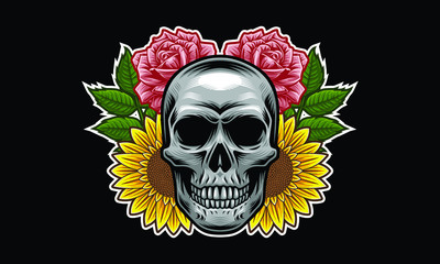 Skull with flowers and leaves vector illustration isolated on black background