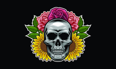 Skull with flowers and leaves vector illustration isolated on black background