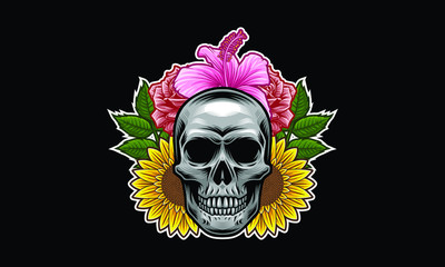 Skull with flowers and leaves vector illustration isolated on black background