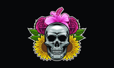 Skull with flowers and leaves vector illustration isolated on black background
