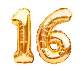 Number 16 sixteen made of golden inflatable balloons isolated on white. Helium balloons, gold foil...