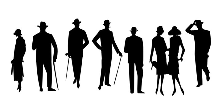Vector set of people silhouettes in retro style.
