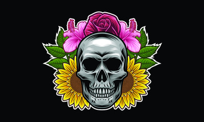 Skull with flowers and leaves vector illustration isolated on black background