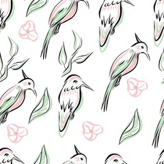 Bird spring flowers leaves vector seamless pattern on white background for design and print on fabric or paper.