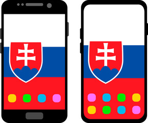 Two black smartphones with a home screen and wallpaper with the flag of Slovakia: old model with gray buttons and new model without buttons. Vector graphics, illustration