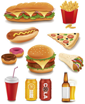 Fast Food Items-hamburger, Fries, Hotdog, Drinks, Sandwich, Baguette,pizza, Tortilla Wrap, Donut	