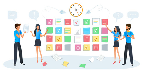 Vector modern illustration of workshop training. Business people meeting. Training of office staff, increase skills with workshop. Team brainstorming and use post notes to share idea