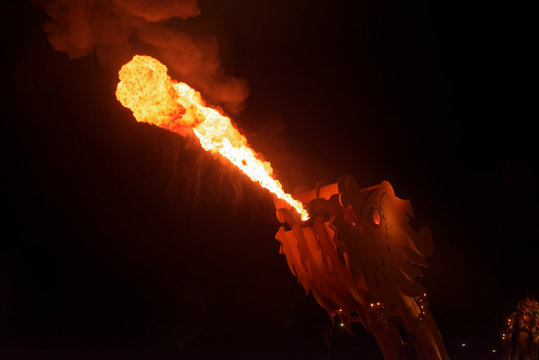 Dragon Spews Fire In The Dark Of Night. Dragon Bridge In Da Nang, Vietnam