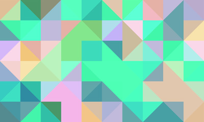 geometric pattern background composed by a sequence of overlapped squares and triangles with different colors. Repetitive geometric theme.