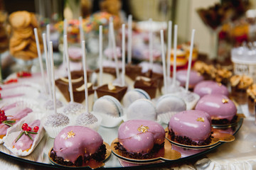 Delicious sweets on wedding candy buffet with desserts, cupcakes,tiramisu and cookies