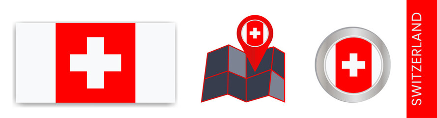 Fototapeta premium Collection of Swiss national flags isolated in official colors and Swiss map icons with country flags.