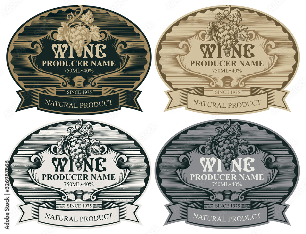 Poster vector set of wine labels with a bunch of grapes and a ribbon in an oval frame in vintage style. a c