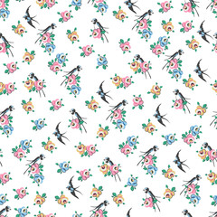 Fototapeta na wymiar Roses and swallows on a white background. Flower pattern. Seamless floral pattern with birds. Elegant and romantic background. Vector