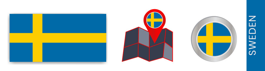 Collection of Swedish national flags isolated in official colors and map icons of Sweden with country flags.