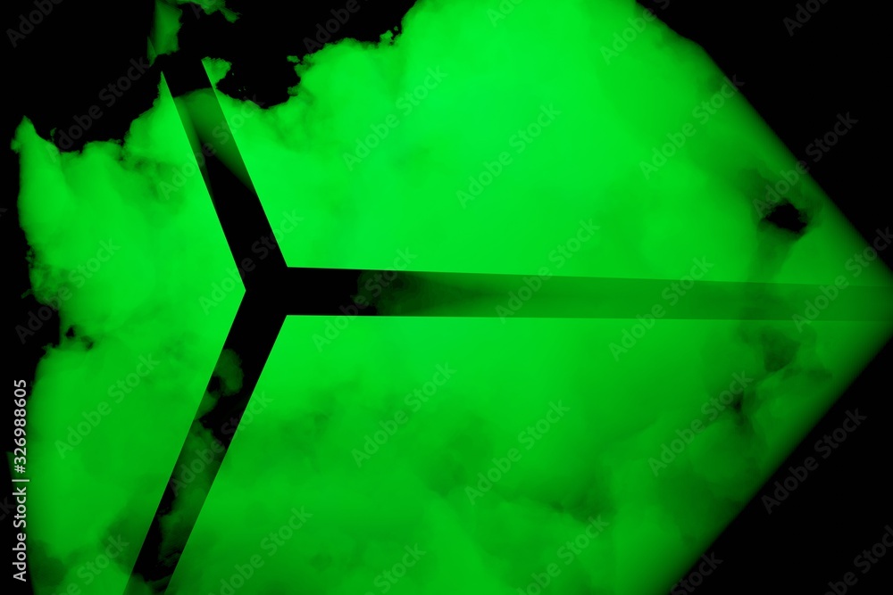 Poster abstract futuristic cube with smoke and glowing flashlight, 3d rendering