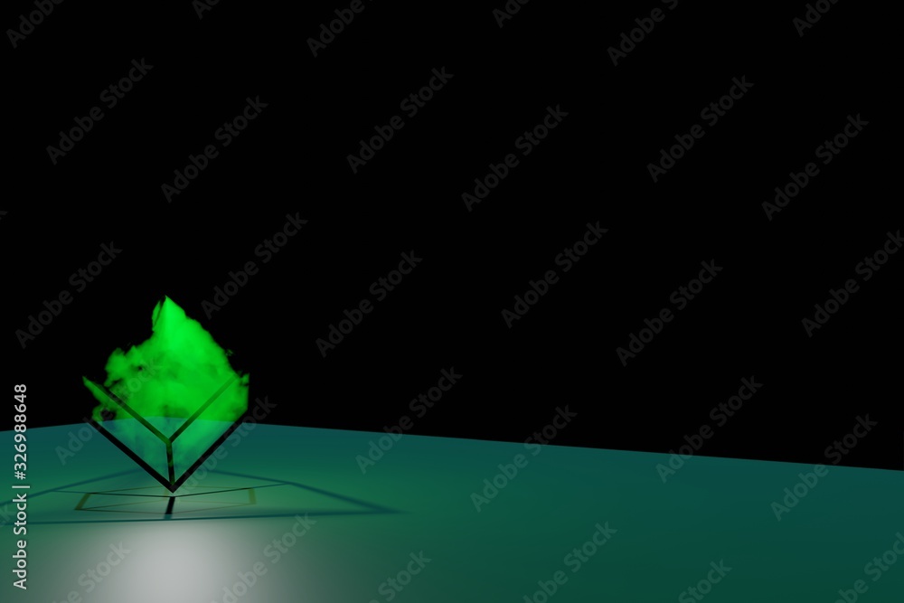 Poster abstract futuristic cube with smoke and glowing flashlight, 3d rendering