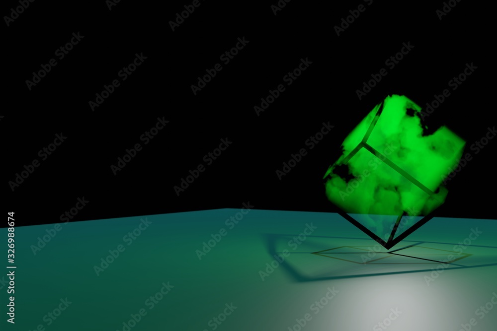 Poster abstract futuristic cube with smoke and glowing flashlight, 3d rendering