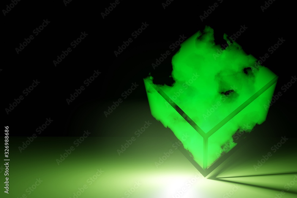 Poster abstract futuristic cube with smoke and glowing flashlight, 3d rendering