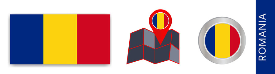 Fototapeta premium Collection of Romanian national flags isolated in official colors and map icons of Romania with country flags.