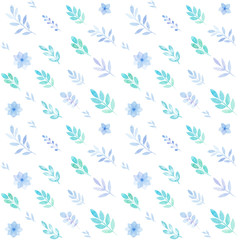Spring seamless pattern of flowers and leaves in watercolor, greetings card, isolated on white, pastel colors