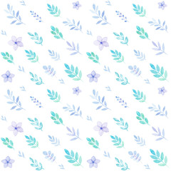 Spring seamless pattern of flowers and leaves in watercolor, greetings card, isolated on white, pastel colors