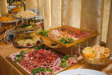 Meat and cheese appetizers. Antipasti and catering platter with different meat and cheese products.
