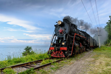 Old steam locomotive in the Circum-Baikal Railway - obrazy, fototapety, plakaty
