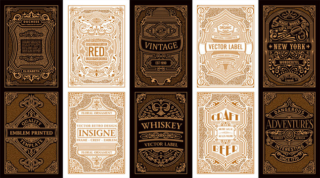 Vintage set retro cards. Template greeting card wedding invitation. Line gold calligraphic frames