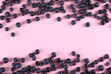 Perfectly ripe freshly picked local produce blueberries. Close up, copy space for text, top view, background. Healthy vegan snacks full of antioxidants. Seasonal summer berries.