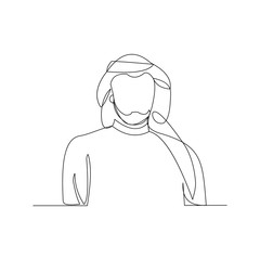 Continuous line drawing of muslim arabic man standing gesture. Single line art ramadan kareem and ied mubarak greeting card. Vector illustration.