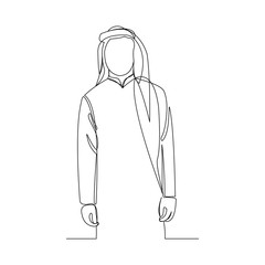 Continuous line drawing of muslim arabic man standing gesture. Single line art ramadan kareem and ied mubarak greeting card. Vector illustration.