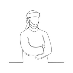 Continuous line drawing of muslim arabic man standing gesture. Single line art ramadan kareem and ied mubarak greeting card. Vector illustration.