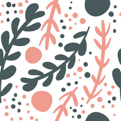 Seamless repeating pattern with floral elements in pastel colors on cream background.