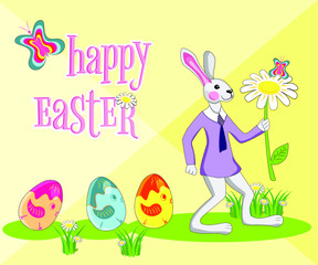 Text: Happy Easter. Bright Easter eggs - jogging chasing rabbits on a green lawn to congratulate on the holiday. Pastel pleasant colors.