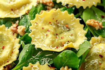 Italian ravioli pasta stuffed with spinach, creamy ricotta cheese. Healthy Vegetarian food