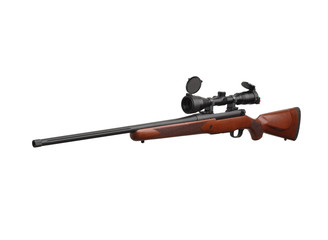 Modern bolt rifle with a wooden butt and optical sight isolate on a white background. Luxury...