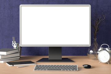 Workspace with blank computer monitor white screen mock up on the wooden desk near blue wall. 3d illustration