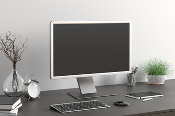 Workspace with blank computer monitor black screen mock up on the black desk near white wall. 3d illustration