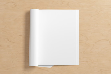 Blank vertical right magazine page. Workspace with folded magazine mock up on wooden desk. View above. 3d illustration