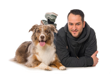 Man with his dog on white background