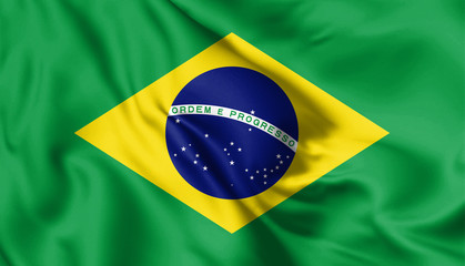 Brazil flag blowing in the wind. Background silk texture. 3d illustration.